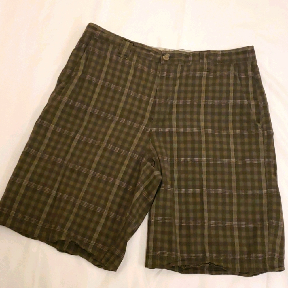 Columbia Plaid Shorts Cotton Olive Green White Men's 34